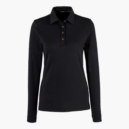 Polo en interlock Pima noir avec patte de boutonnage sur fond blanc.