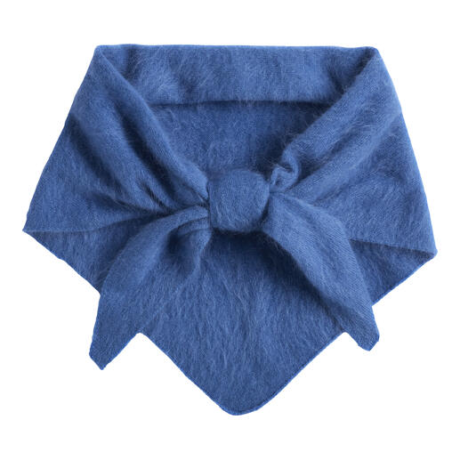 Écharpe en cachemire bleue avec un nœud au centre.