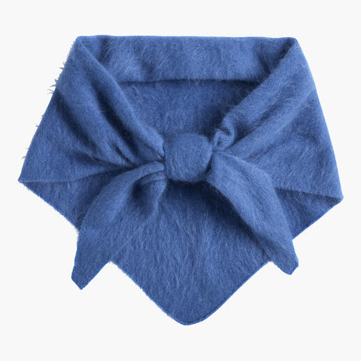 Écharpe en cachemire bleue avec un nœud au centre.