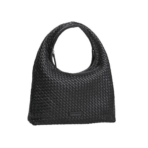 Sac hobo tissé noir, avec une grande anse et un design élégant.
