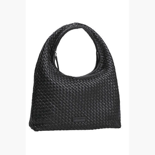 Sac hobo tissé noir, avec une grande anse et un design élégant.