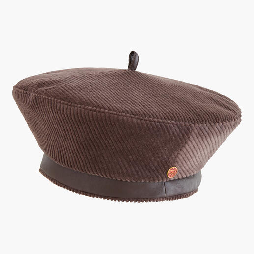 Béret en velours côtelé marron vu de côté, montrant la forme et le matériau.