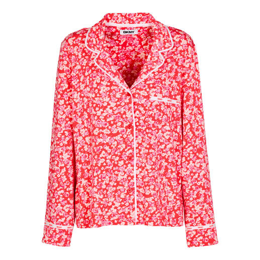 Chemise de pyjama rouge DKNY avec imprimé floral, vue de face.