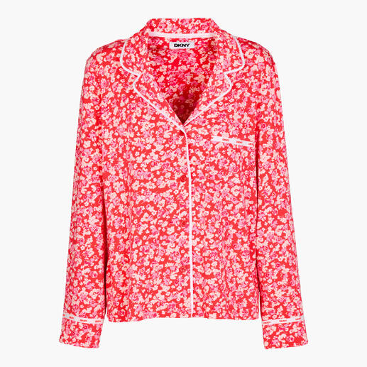 Chemise de pyjama rouge DKNY avec imprimé floral, vue de face.
