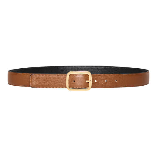 Ceinture réversible tout-en-un en brun et noir, avec une boucle dorée.