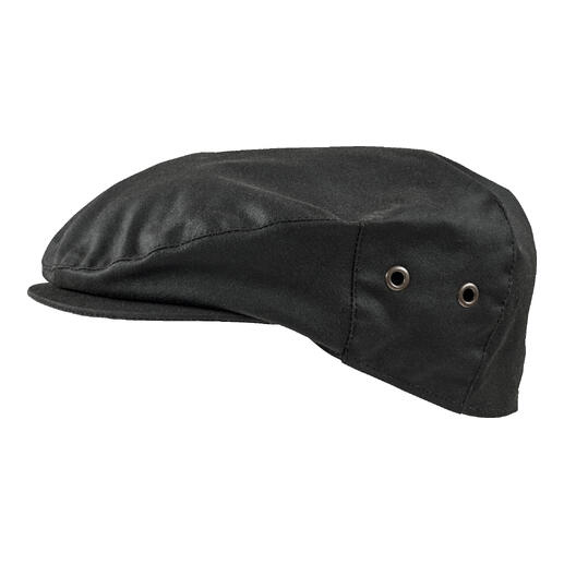 Vue latérale d'une casquette en coton ciré noire.
