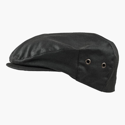 Vue latérale d'une casquette en coton ciré noire.