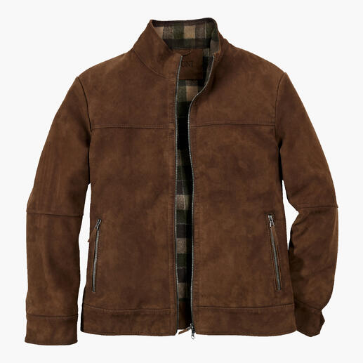 Veste en velours thermique marron avec fermeture éclair et deux poches latérales.