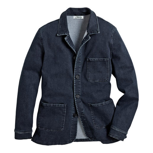 Veste en denim en cachemire bleu foncé sur fond blanc.