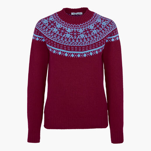 Vue avant d'un pull Fair-Isle William Lockie en rouge avec un motif bleu.