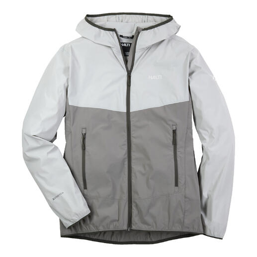 Veste softshell ultralégère H en gris, sur un cintre.