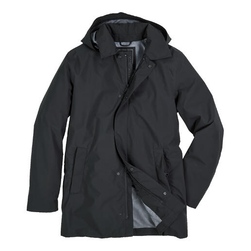Veste de pluie business gris foncé, accrochée à un cintre.