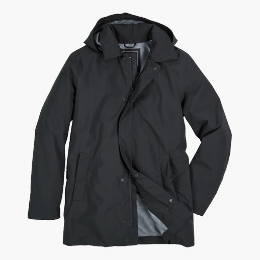 Veste de pluie business gris foncé, accrochée à un cintre.