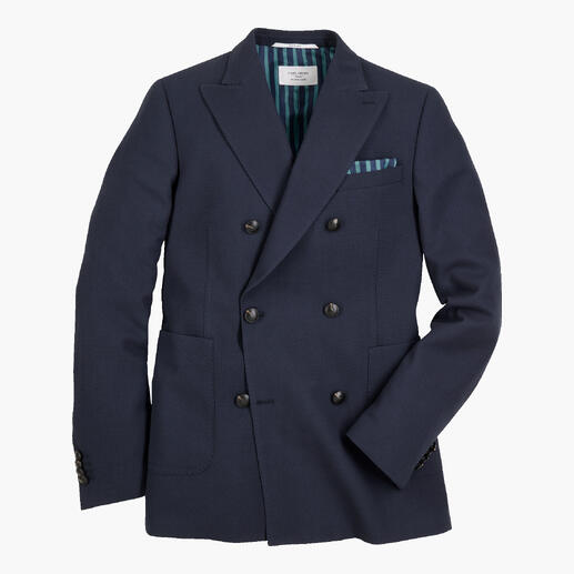 Blazer Pinpoint bleu marine à double boutonnage et large revers.