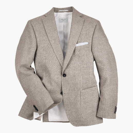 Veste Panama beige clair de Carl Gross sur fond blanc.