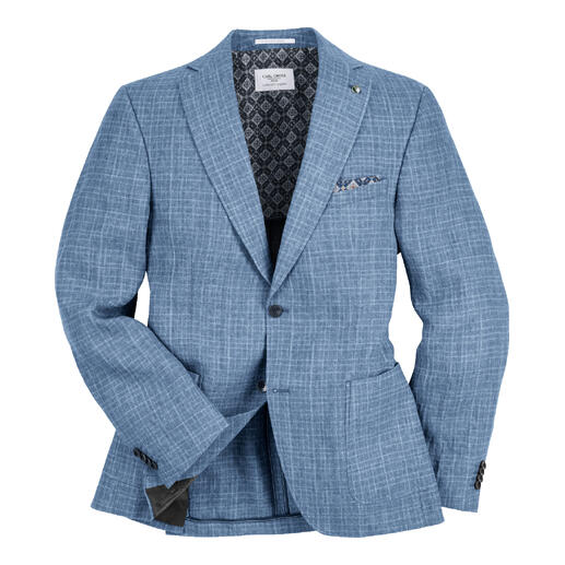 Blazer en lin crinkle bleu avec un motif de haute qualité.