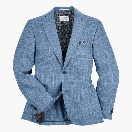 Blazer en lin crinkle bleu avec un motif de haute qualité.