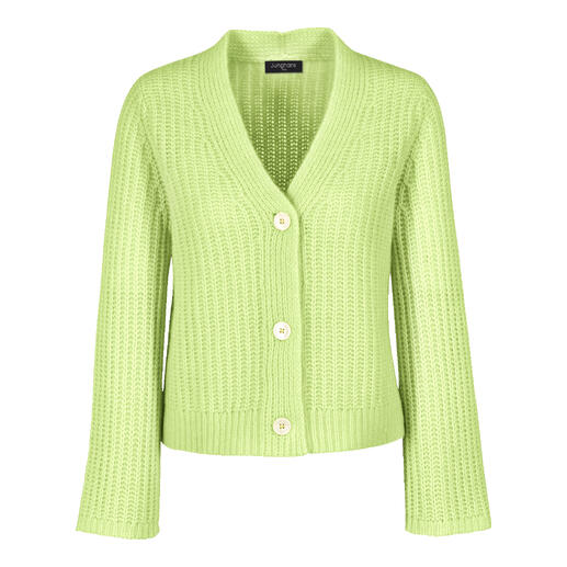 Cardigan en cachemire-coton vert clair texturé avec des boutons, vu de face.