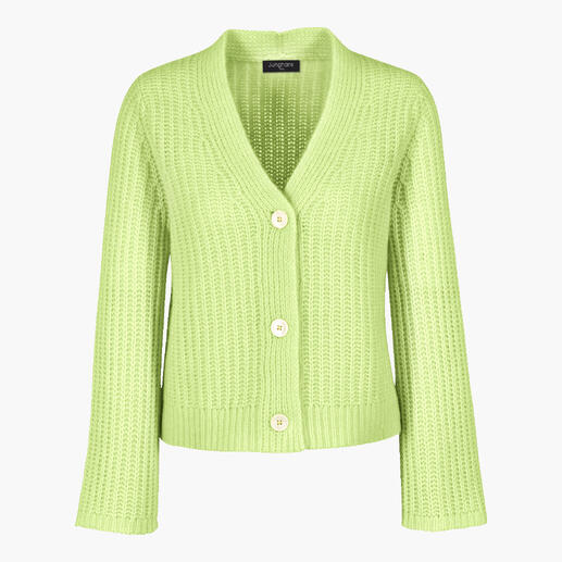 Cardigan en cachemire-coton vert clair texturé avec des boutons, vu de face.