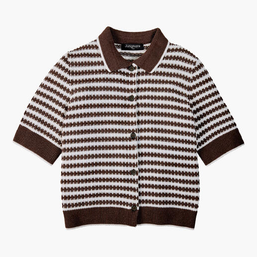 Polo en tricot gaufré café-écru, à la mode avec des manches courtes et une fermeture à boutons.