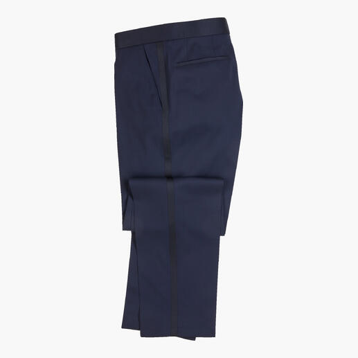 Pantalon de smoking marine en matériaux fins avec style classique.