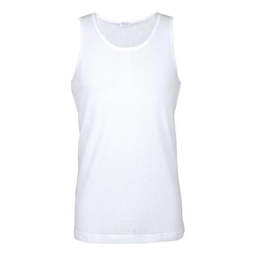 Débardeur en mesh blanc sans manches sur fond blanc.