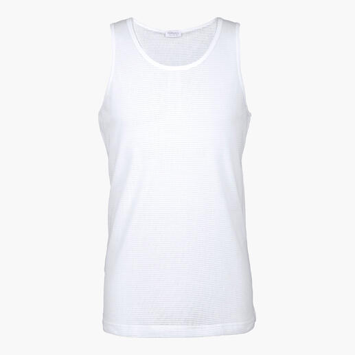 Débardeur en mesh blanc sans manches sur fond blanc.