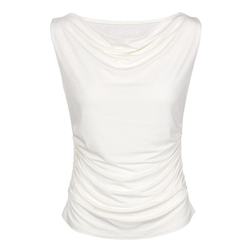 T-shirt de yoga blanc avec un col en cascade, vu de face.
