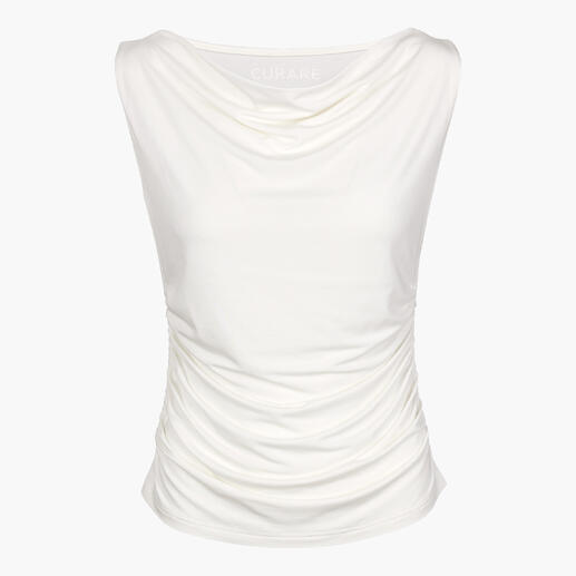 T-shirt de yoga blanc avec un col en cascade, vu de face.