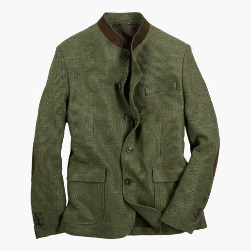 Veste en piqué de lin olive avec col haut et plusieurs poches