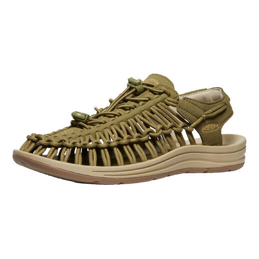 Sandale de randonnée Keen Uneek en vert olive avec dessus tressé.