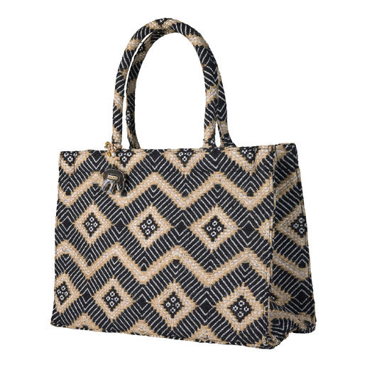 Sac fourre-tout en jacquard noir avec motif losange et anses.