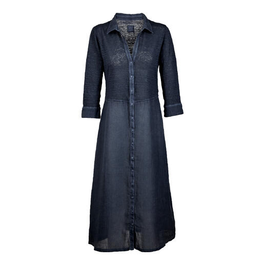 Robe combinée en lin bleu foncé avec fermeture à boutons et longueur longue