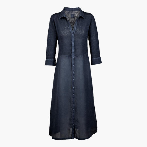 Robe combinée en lin bleu foncé avec fermeture à boutons et longueur longue