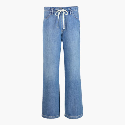 Vue avant d'un jean en coton bleu avec cordon de serrage