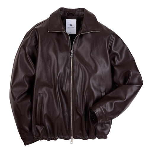 Veste marron en simili cuir en taille 48 avec fermeture éclair et doublure douce.