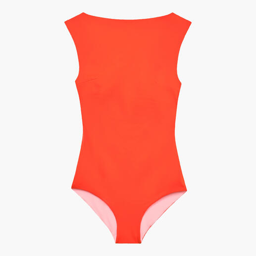 Maillot de bain réversible orange avec détails rouges, vue arrière
