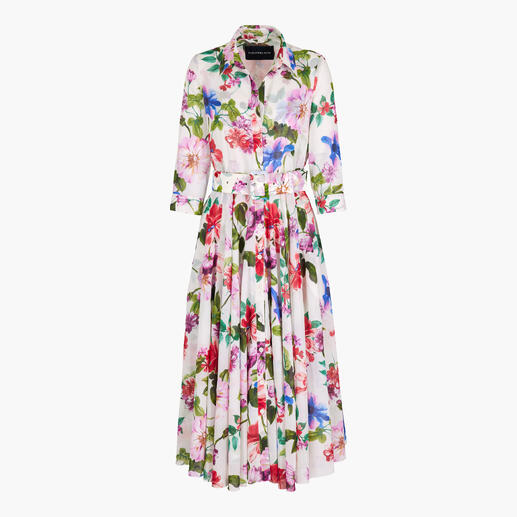 Robe à fleurs blanche avec des hibiscus colorés et une ceinture à la taille.
