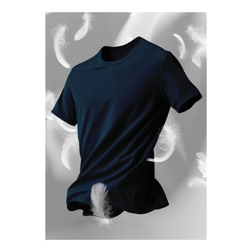 T-shirt bleu foncé, taille 46, coupe sportive.