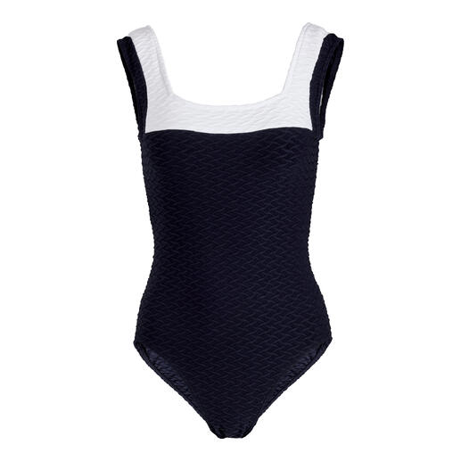 Maillot de bain bleu marine avec tissu texturé, taille 36.