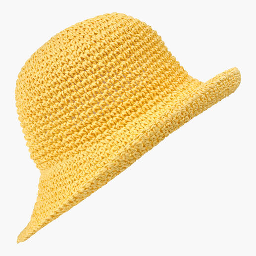 Chapeau en crochet en papier Roeckl jaune, vue détaillée de la structure en crochet.