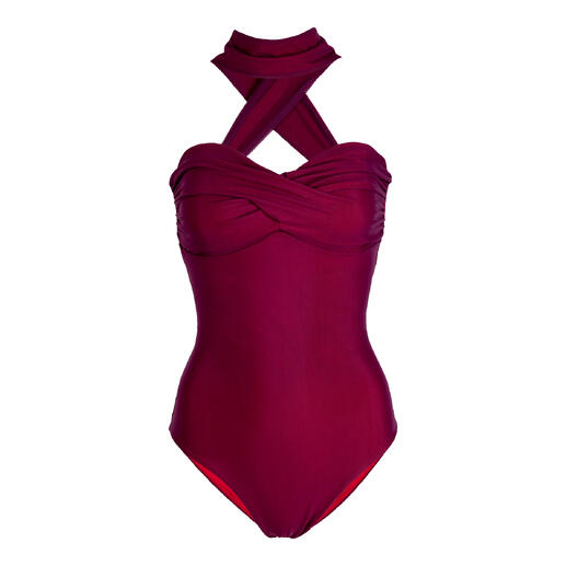 Maillot de bain bordeaux avec col croisé.