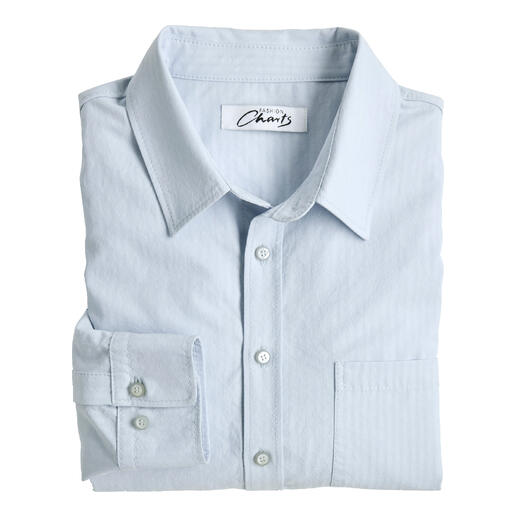Chemise en lyocell seersucker bleu clair, soigneusement pliée, avec boutons et col classique.