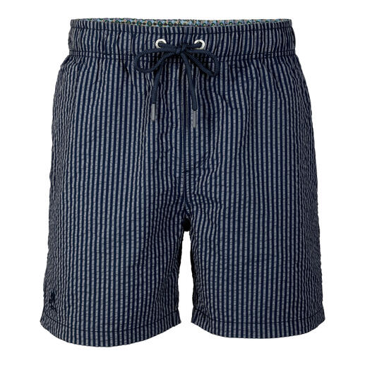 Maillot de bain en seersucker marine, taille 46, sur fond blanc.