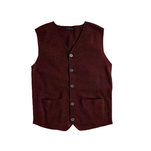 Gilet bordeaux avec boutons et poches sur fond blanc.