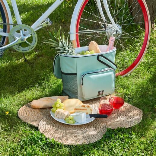 Sac isotherme de panier à vélo confortable avec des aliments sur l'herbe.