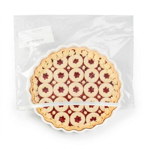 Tarte dans un emballage transparent avec garniture aux fruits.