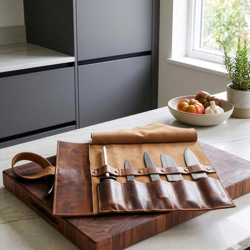 Sac de rangement en cuir de buffle avec des couteaux de cuisine sur une planche à découper en bois.