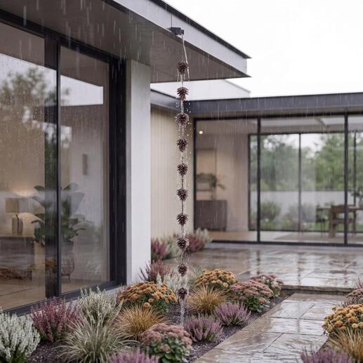 Chaîne de pluie en cônes suspendue à côté d'une maison moderne pendant la pluie.
