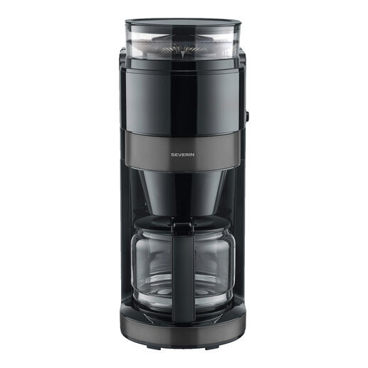 Machine à café filtre premium avec broyeur, machine noire avec carafe en verre.